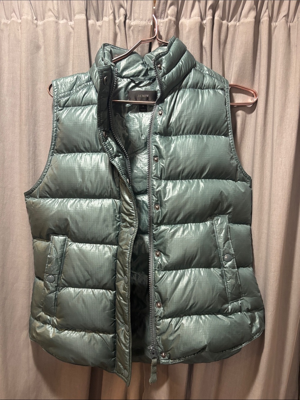J. Crew Shimmery Sage Green Quilted Puffer Vest